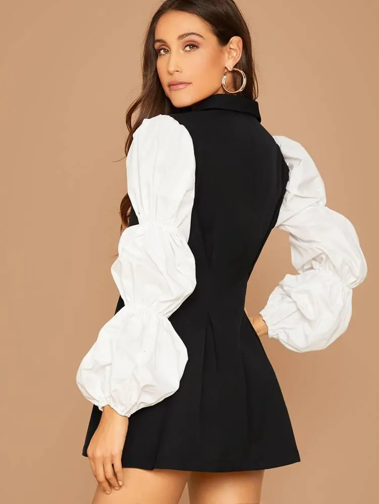 Contrast Lantern Sleeve Double Breasted Blazer Dress