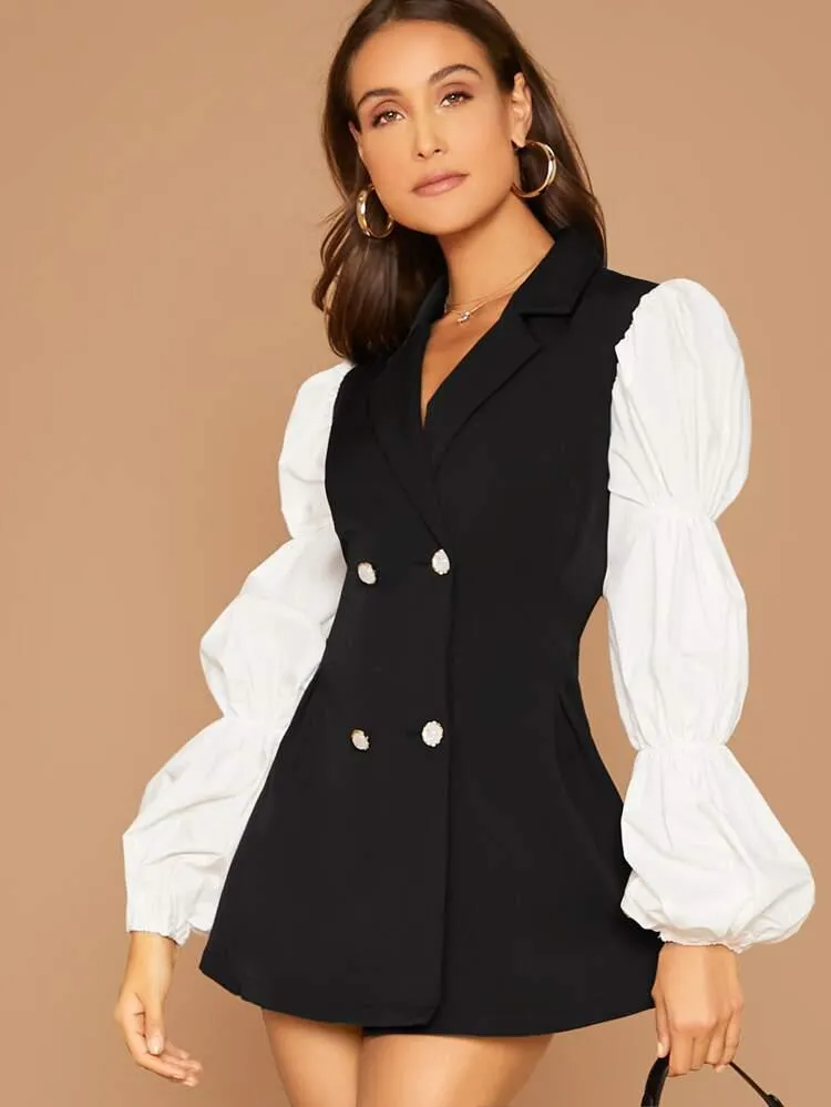 Contrast Lantern Sleeve Double Breasted Blazer Dress