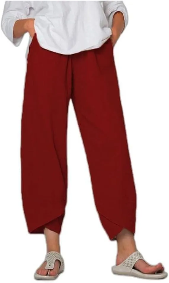 Cotton Linen Harem Pants for Women, Baggy Walk Trousers with Pockets, Elastic Waist Wide Leg Casual Summer Capris Pants