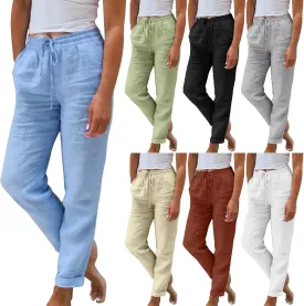 Cropped Linen Pants Women Plus Size Drawstring Elastic High Waisted Joggers Lightweight Summer Ankle Pants w/Pockets