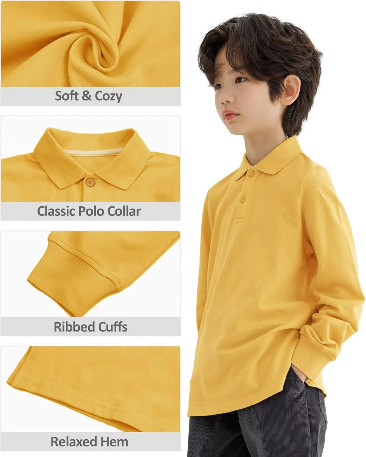 CUNYI Boys Polo Shirt Long Sleeve Cotton School Uniform Shirt Pique Tee Kids Golf Tops