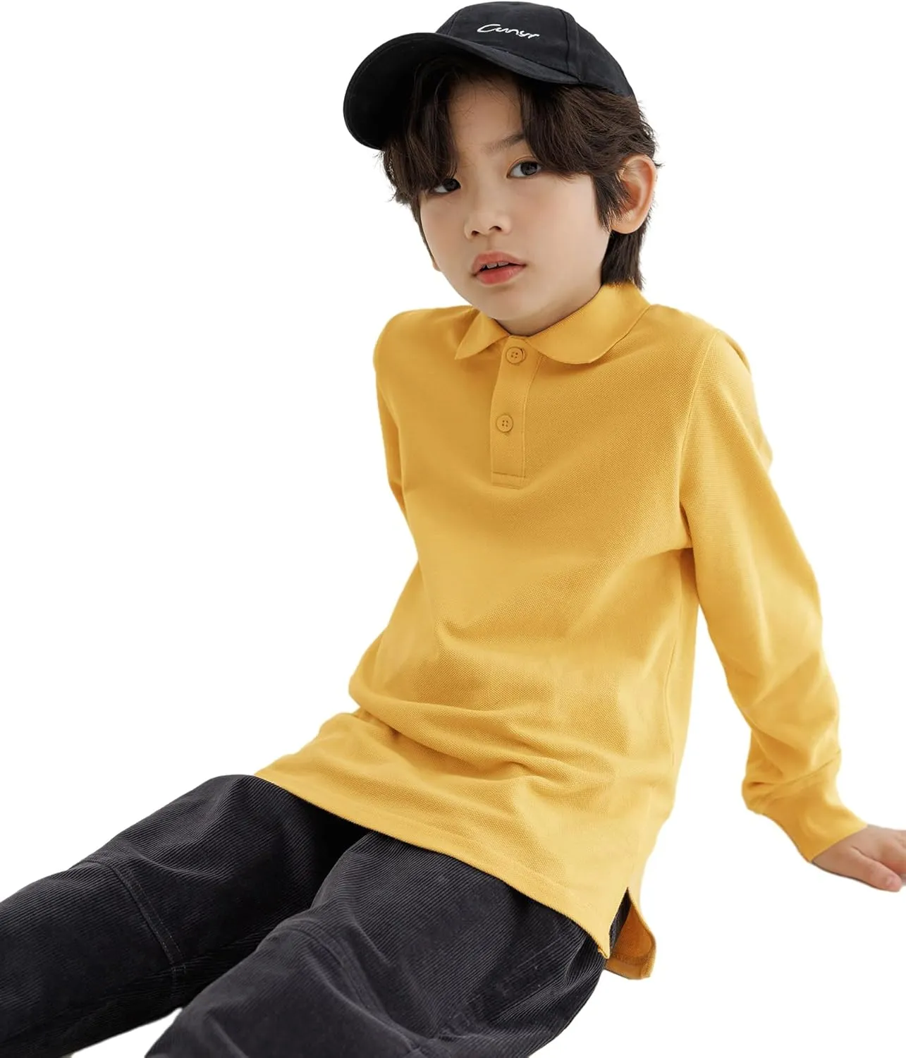 CUNYI Boys Polo Shirt Long Sleeve Cotton School Uniform Shirt Pique Tee Kids Golf Tops