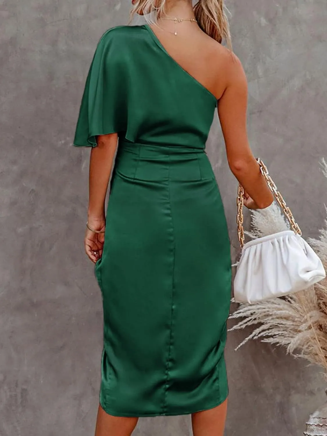 CUPSHE Women's Satin Dress Backless One Shoulder Short Sleeves Midi High Low Hem Cocktail Party Dress