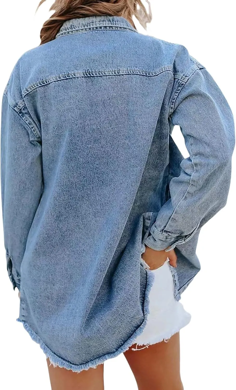 Denim Jacket for Women Oversized Frayed Hem Jean Jacket Ripped Distressed Shacket Casual Button Down Boyfriend Shirt