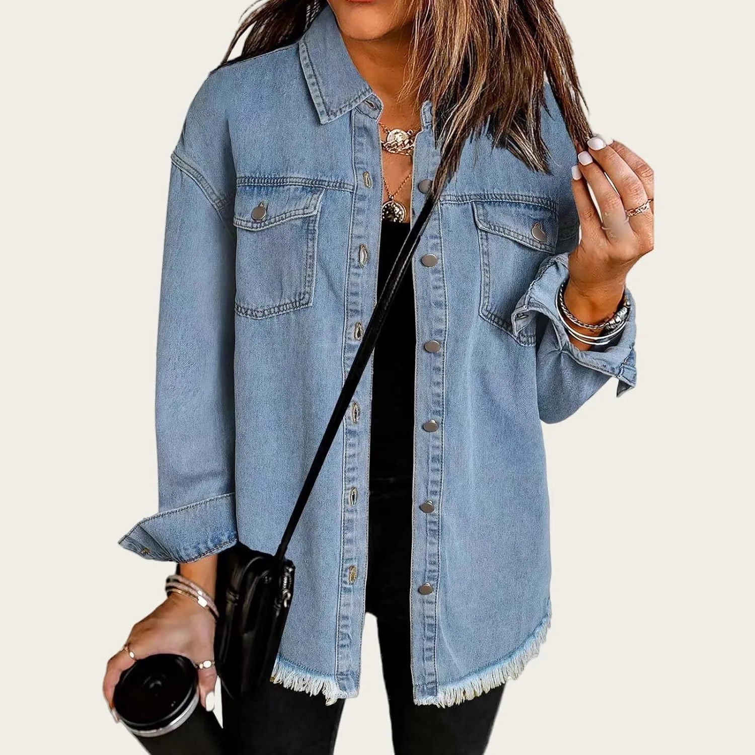 Denim Jacket for Women Oversized Frayed Hem Jean Jacket Ripped Distressed Shacket Casual Button Down Boyfriend Shirt