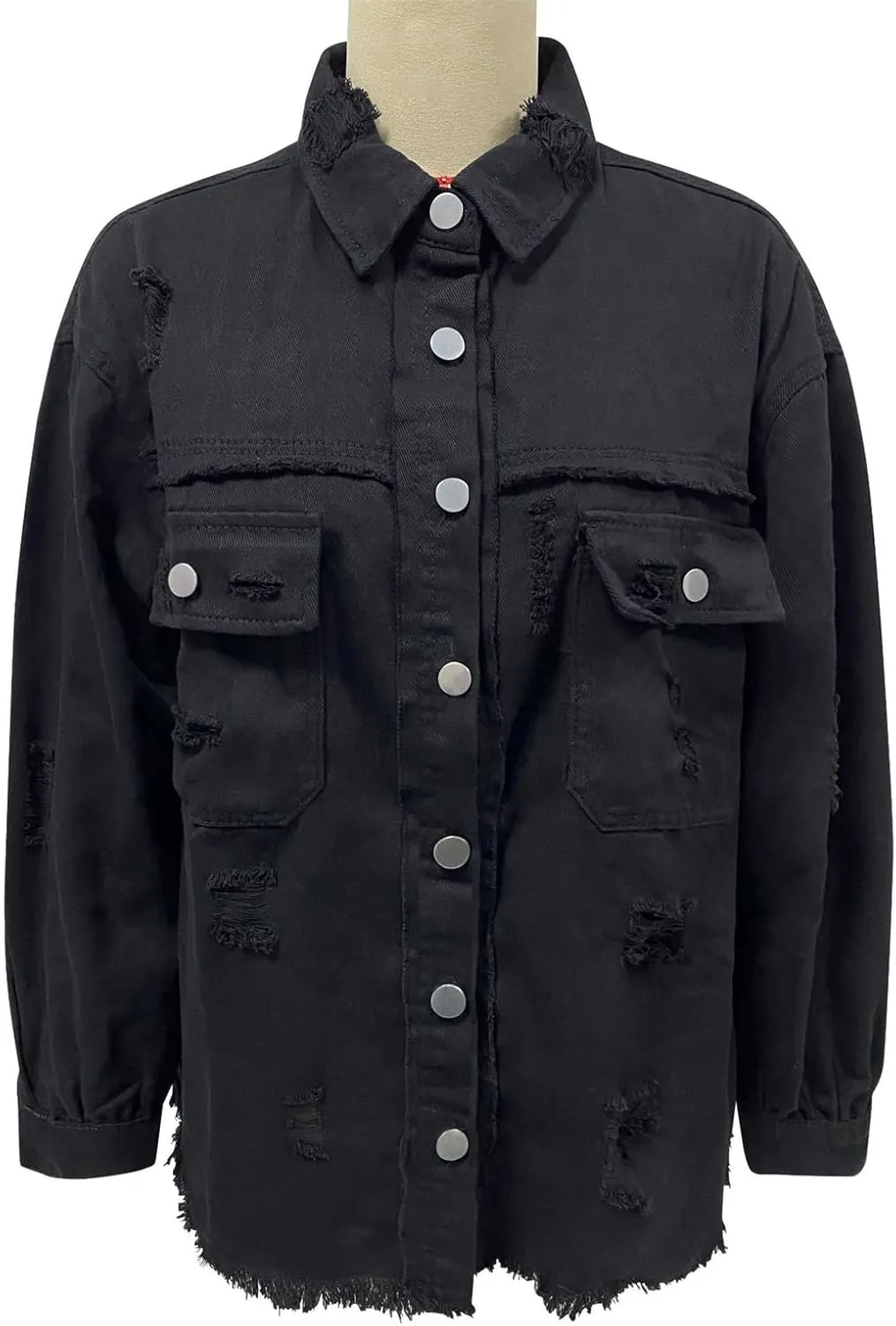 Denim Jacket for Women Oversized Frayed Hem Jean Jacket Ripped Distressed Shacket Casual Button Down Boyfriend Shirt