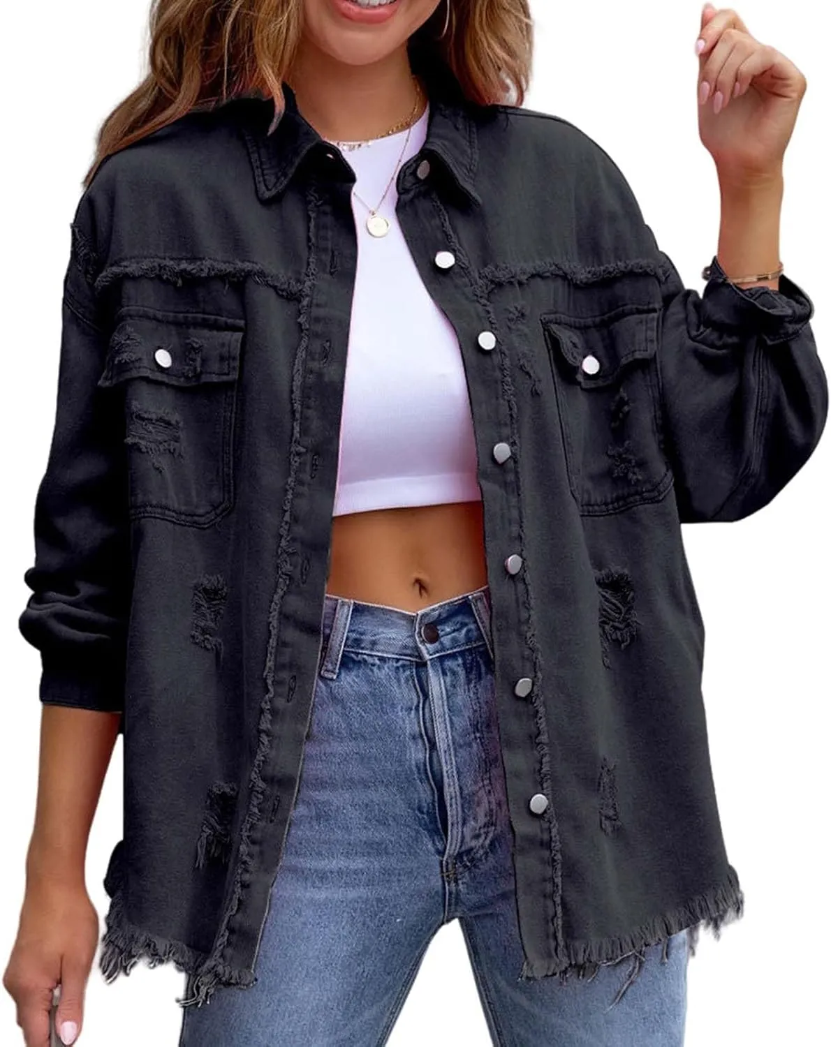 Denim Jacket for Women Oversized Frayed Hem Jean Jacket Ripped Distressed Shacket Casual Button Down Boyfriend Shirt
