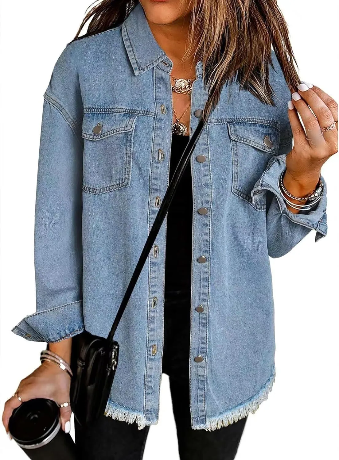Denim Jacket for Women Oversized Frayed Hem Jean Jacket Ripped Distressed Shacket Casual Button Down Boyfriend Shirt