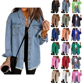 Denim Jacket for Women Oversized Frayed Hem Jean Jacket Ripped Distressed Shacket Casual Button Down Boyfriend Shirt