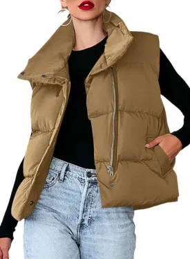 Dokotoo Women's Casual Winter Puffer Vest Sleeveless Cropped Outerwear Warm Lightweight Stand Collar Down Coats with Pockets