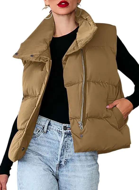 Dokotoo Women's Casual Winter Puffer Vest Sleeveless Cropped Outerwear Warm Lightweight Stand Collar Down Coats with Pockets