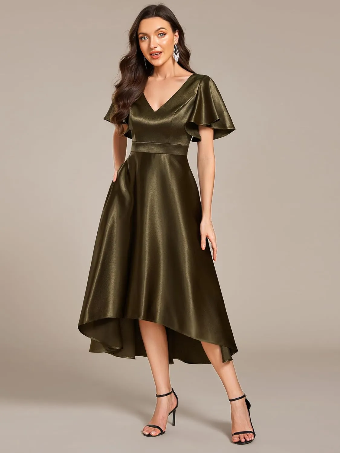 Ever-Pretty Women's Satin Short Ruffles Sleeves A Line Empire Waist Wedding Guest Dress with Pockets 02335
