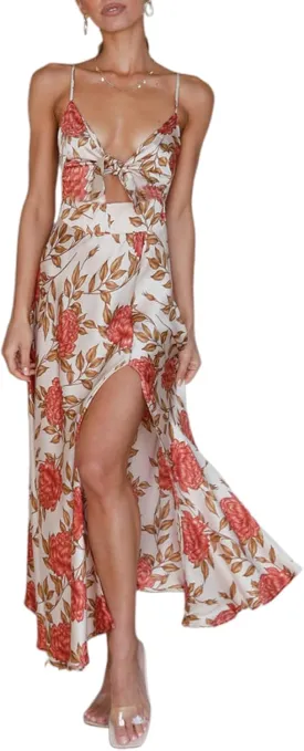 Fashionme Women Spaghetti Strap Midi Satin Dresses Tie Front Backless Split Hollow Dress