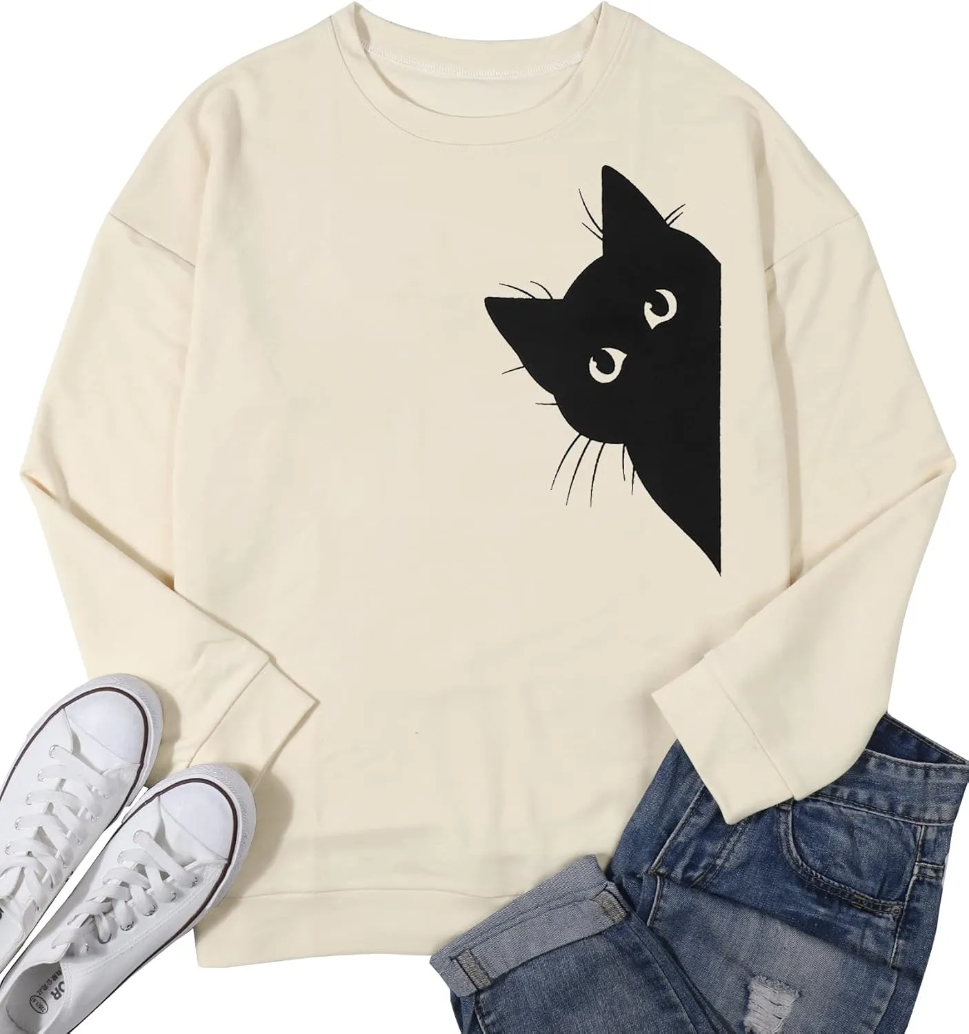 FRYAID Cat Sweatshirt Women Funny Black Cat Graphic Sweater Casual Cat Crewneck Holiday Long Sleeve Hoodie Pullover Top