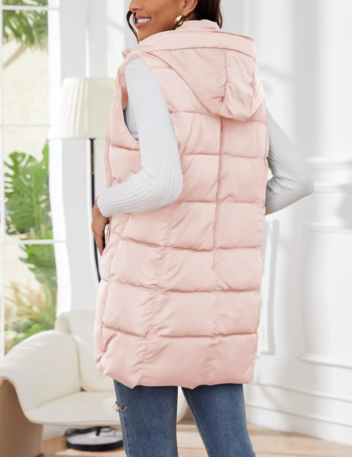 Gihuo Women's Long Puffer Vest Winter Quilted Hooded Sleeveless Zip Up Long Jacket Vest Gilet