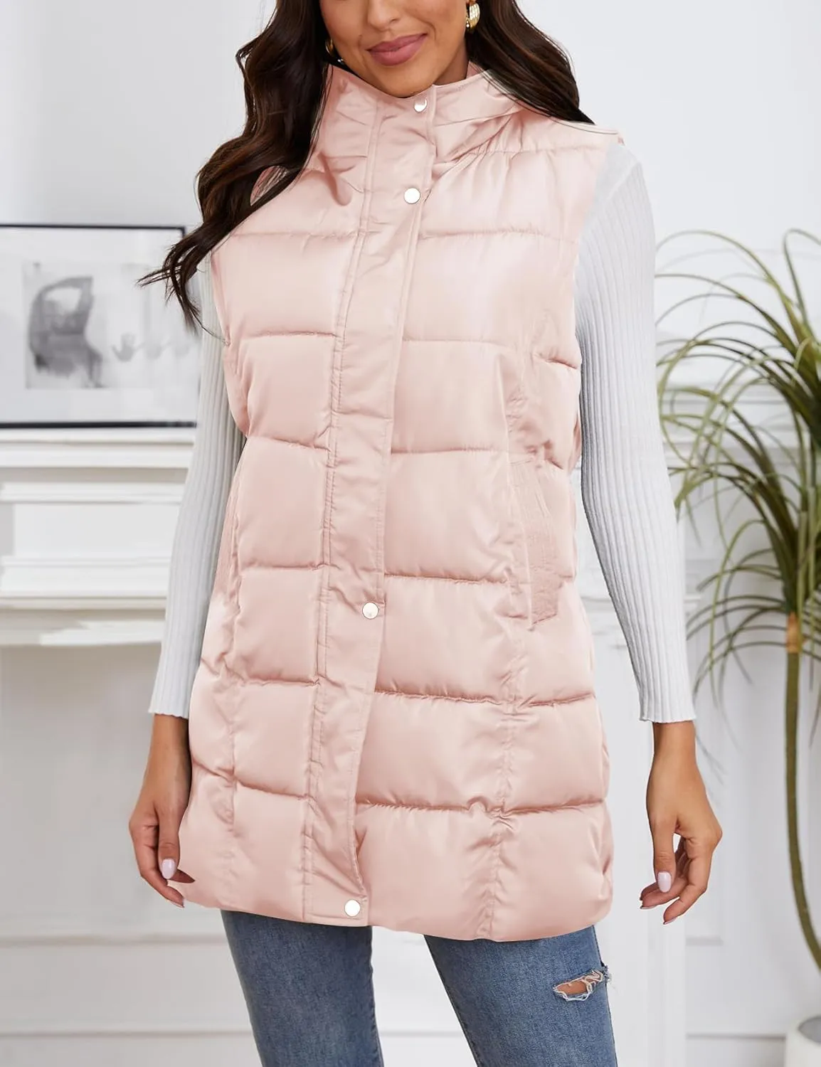 Gihuo Women's Long Puffer Vest Winter Quilted Hooded Sleeveless Zip Up Long Jacket Vest Gilet