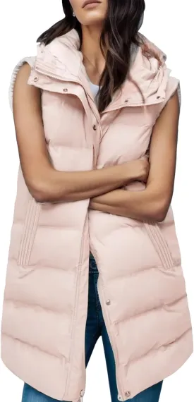 Gihuo Women's Long Puffer Vest Winter Quilted Hooded Sleeveless Zip Up Long Jacket Vest Gilet