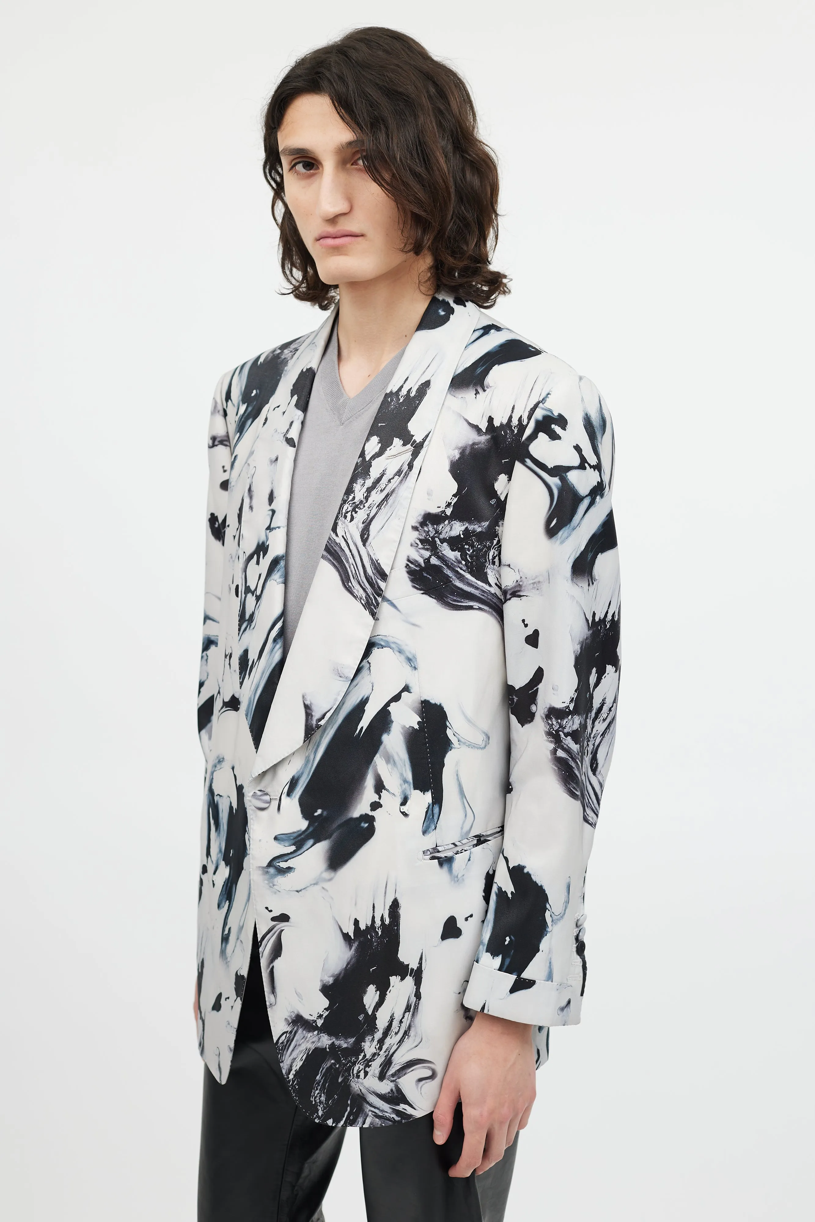 Grey & Black Marbled Shawl Collar Blazer