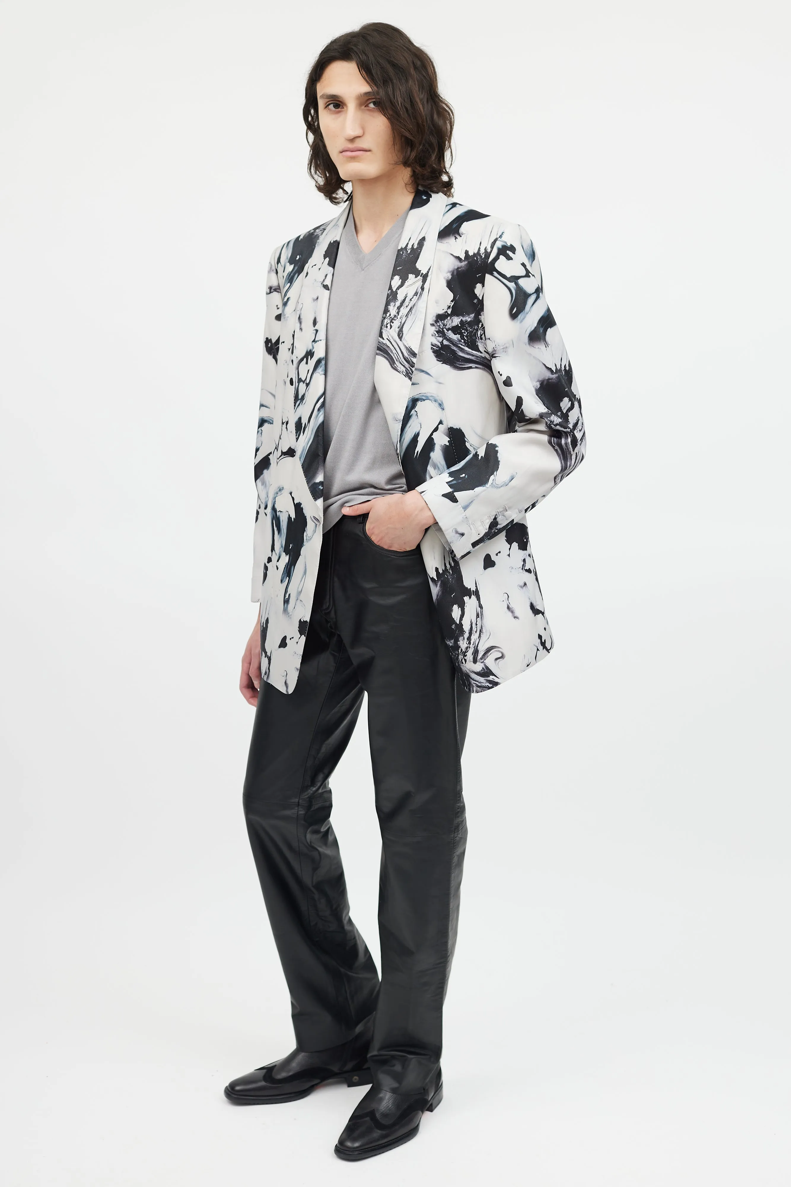 Grey & Black Marbled Shawl Collar Blazer