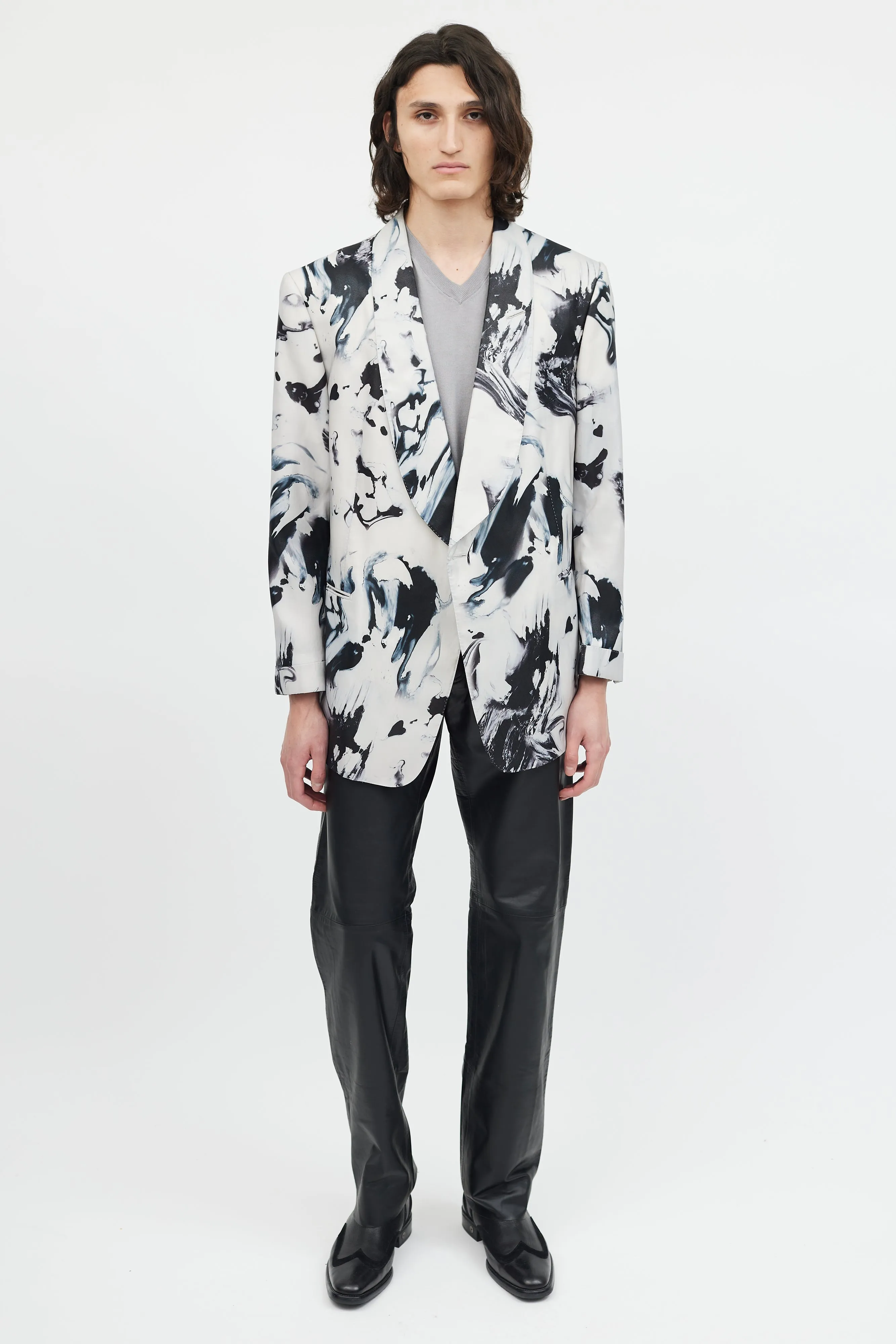 Grey & Black Marbled Shawl Collar Blazer