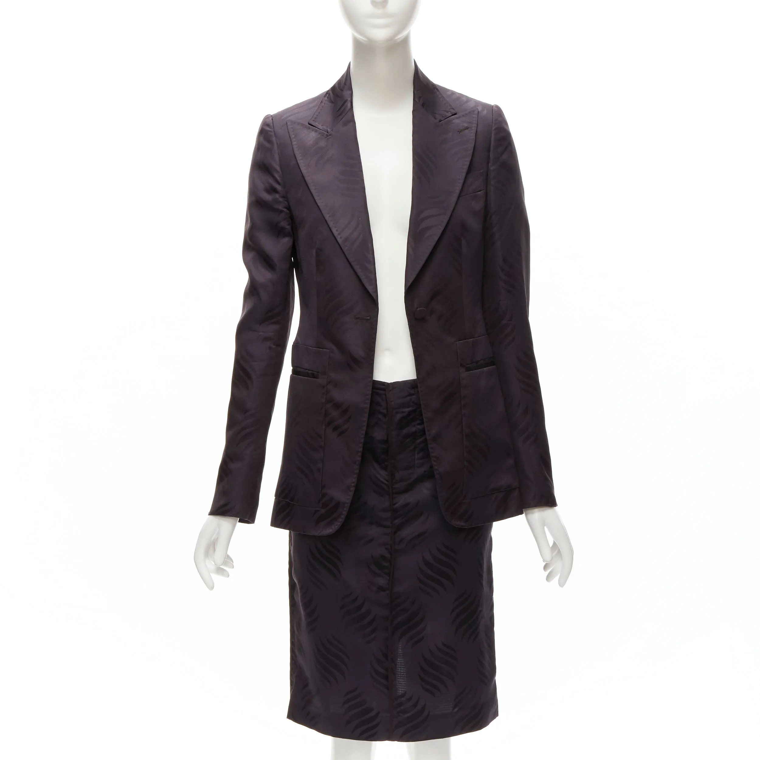 GUCCI Tom Ford Vintage black oriental leaf jacquard blazer skirt suit IT38 XS