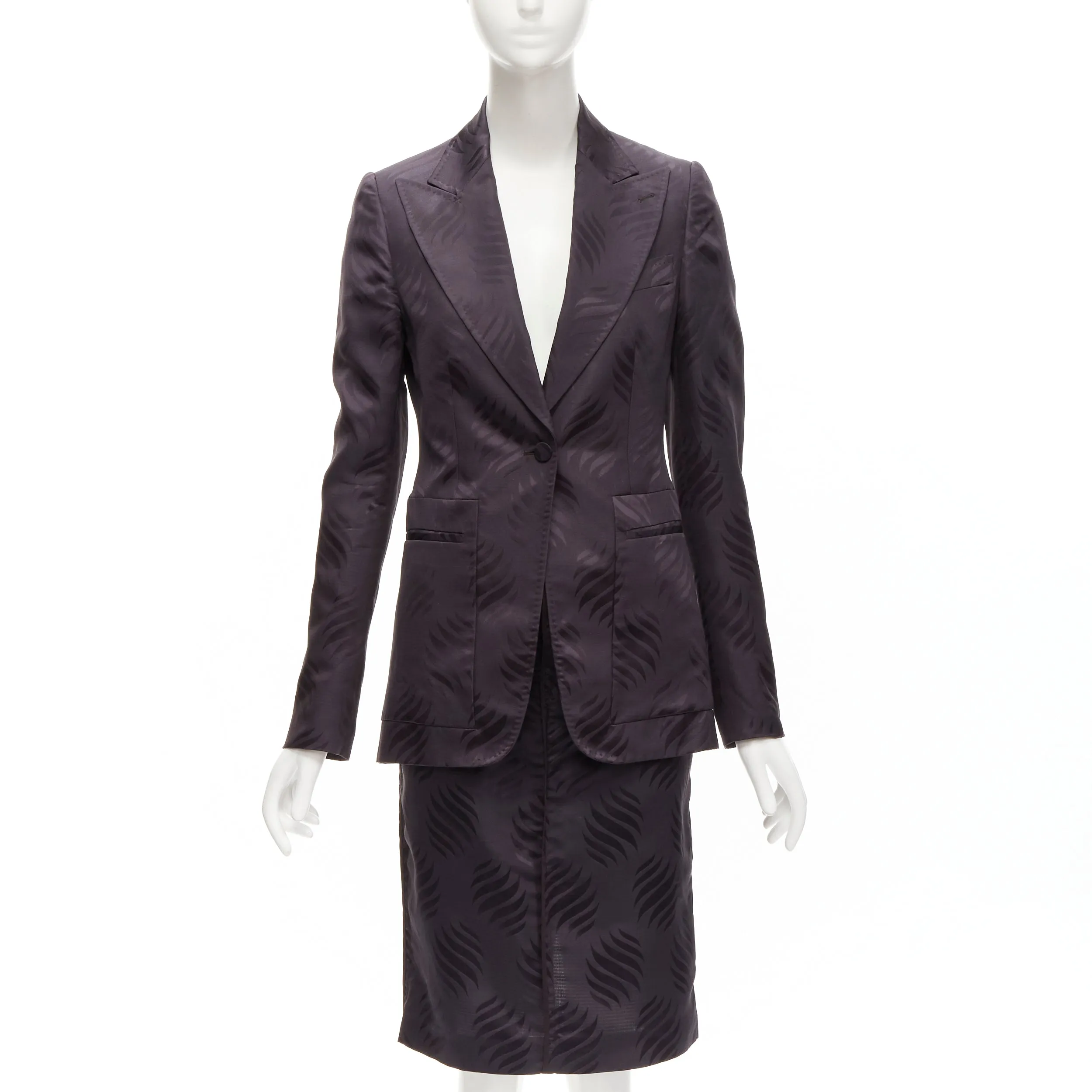 GUCCI Tom Ford Vintage black oriental leaf jacquard blazer skirt suit IT38 XS
