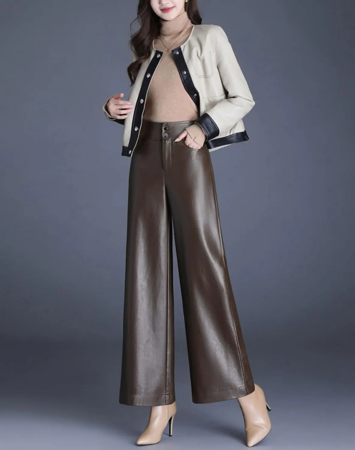 HaoMay Women's High Waist Wide Leg PU Faux Leather Cropped Pants Culottes
