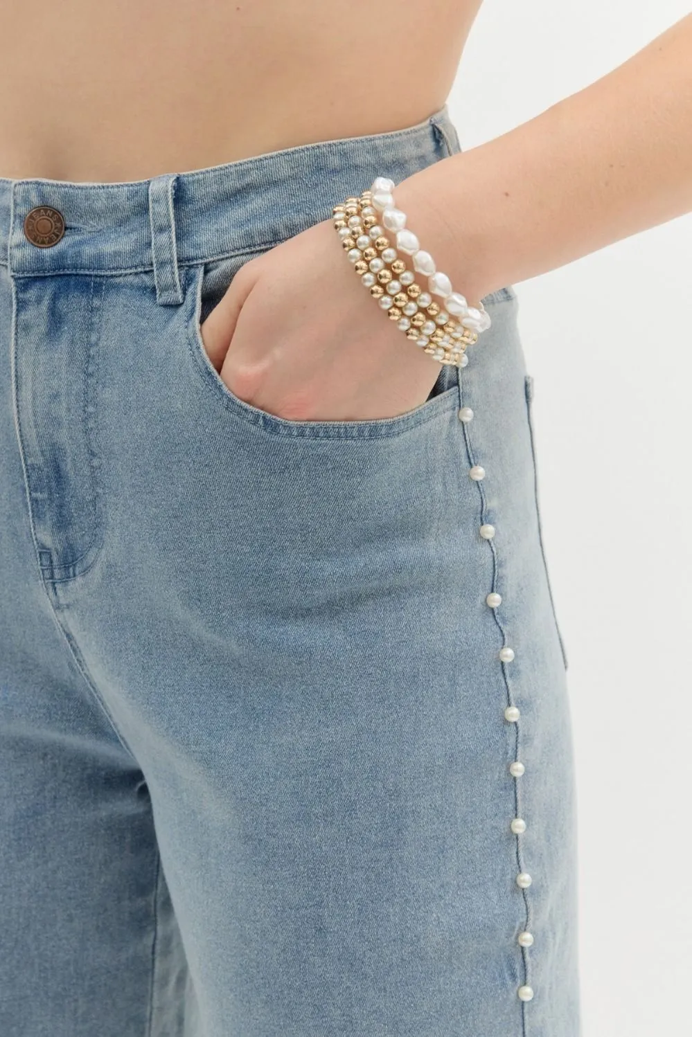 High Waist Wide Leg Pearl Pants