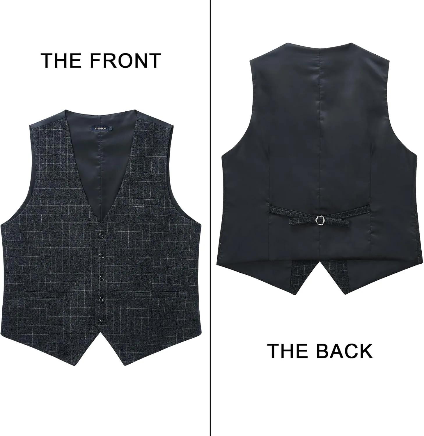 HISDERN Men's Suit Vest Plaid Dress Vest for Men Slim Fit Formal Business Waistcoat Tuxedo V-Ncek Solid Vest for Wedding