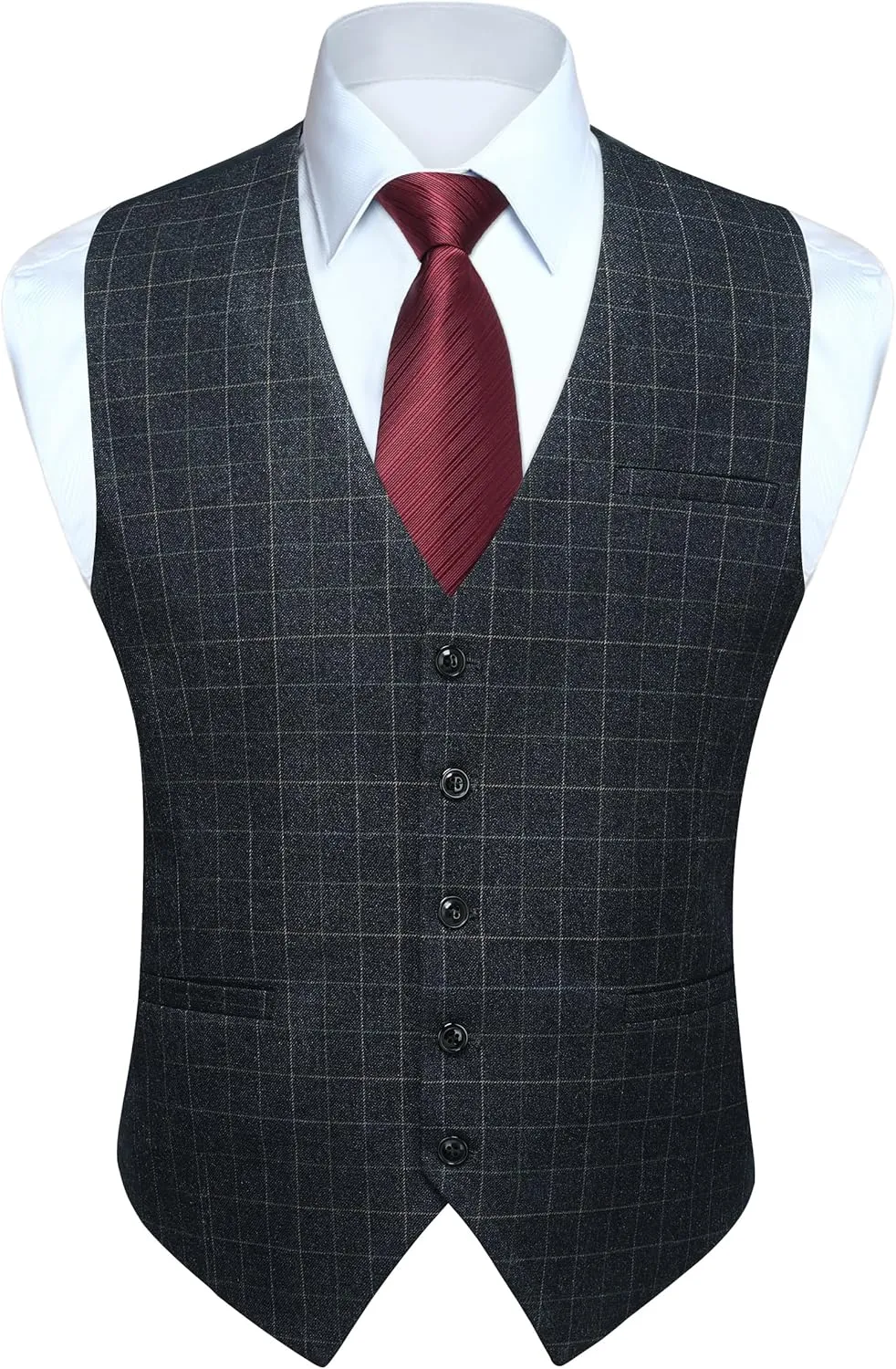 HISDERN Men's Suit Vest Plaid Dress Vest for Men Slim Fit Formal Business Waistcoat Tuxedo V-Ncek Solid Vest for Wedding