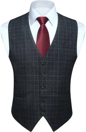 HISDERN Men's Suit Vest Plaid Dress Vest for Men Slim Fit Formal Business Waistcoat Tuxedo V-Ncek Solid Vest for Wedding