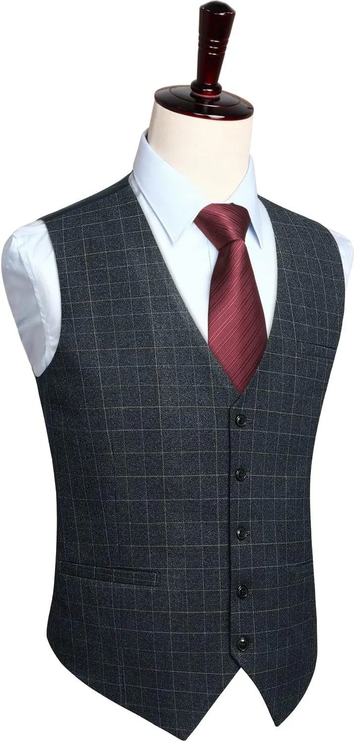 HISDERN Men's Suit Vest Plaid Dress Vest for Men Slim Fit Formal Business Waistcoat Tuxedo V-Ncek Solid Vest for Wedding