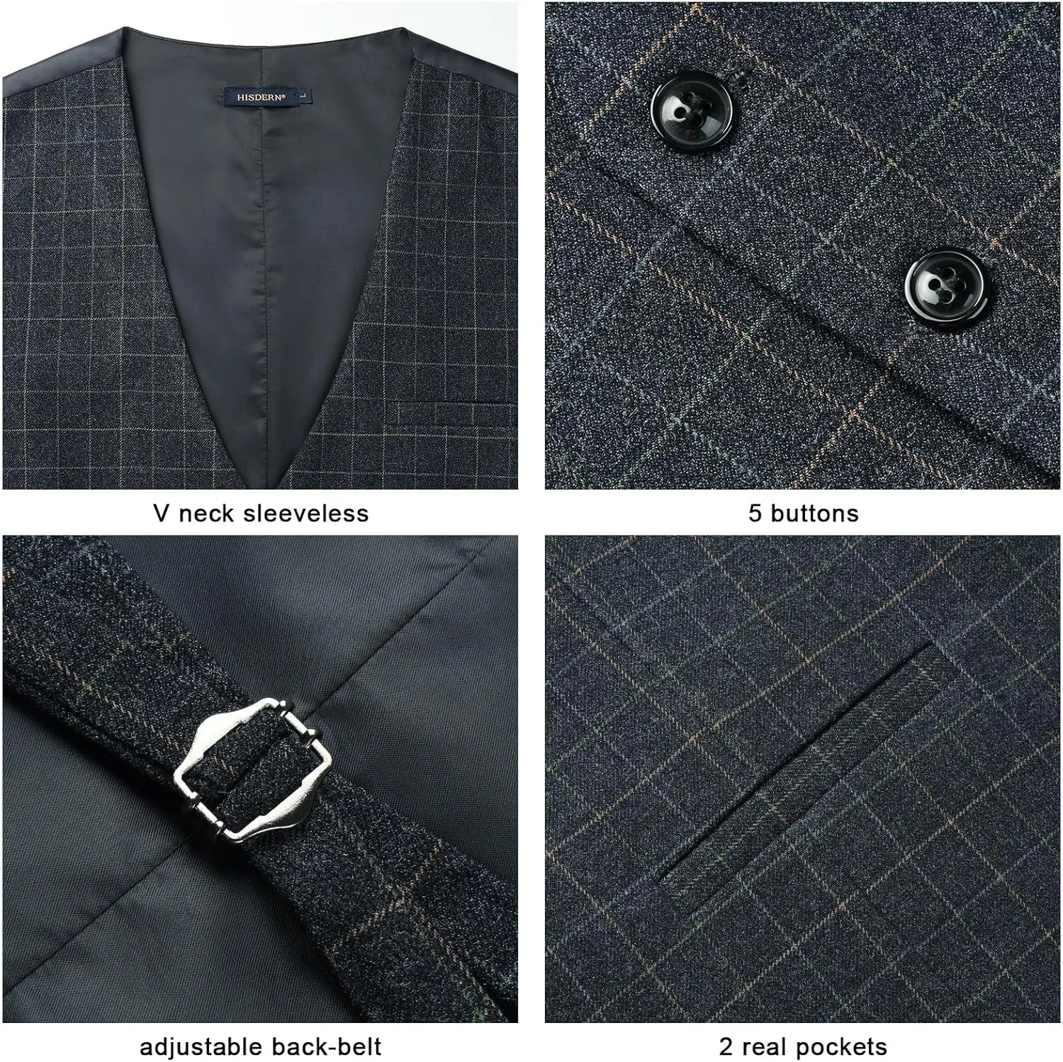 HISDERN Men's Suit Vest Plaid Dress Vest for Men Slim Fit Formal Business Waistcoat Tuxedo V-Ncek Solid Vest for Wedding