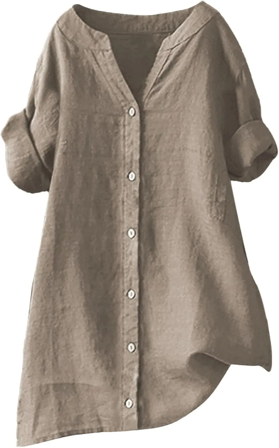Linen Shirts for Women Womens Tops 3/4 Sleeve Button Down Shirts V Neck Solid Casual Tunic Blouses with Pocket