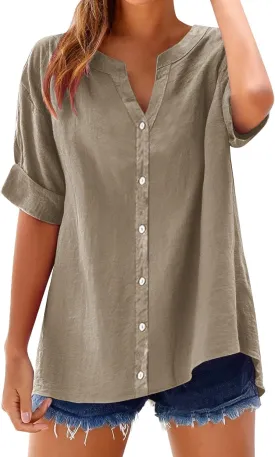 Linen Shirts for Women Womens Tops 3/4 Sleeve Button Down Shirts V Neck Solid Casual Tunic Blouses with Pocket
