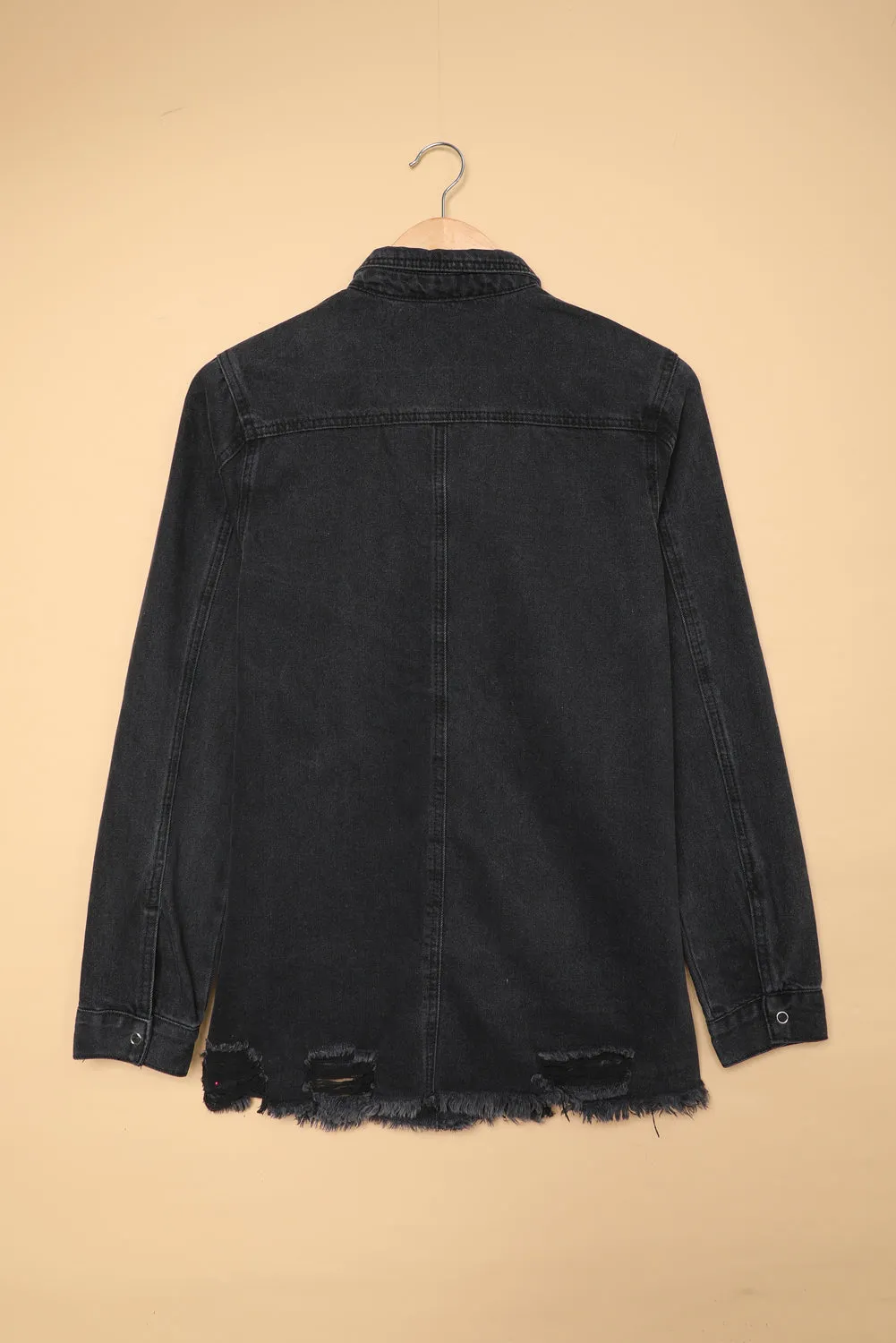 Long Sleeve Button-Down Black Ripped Denim Jean Jacket