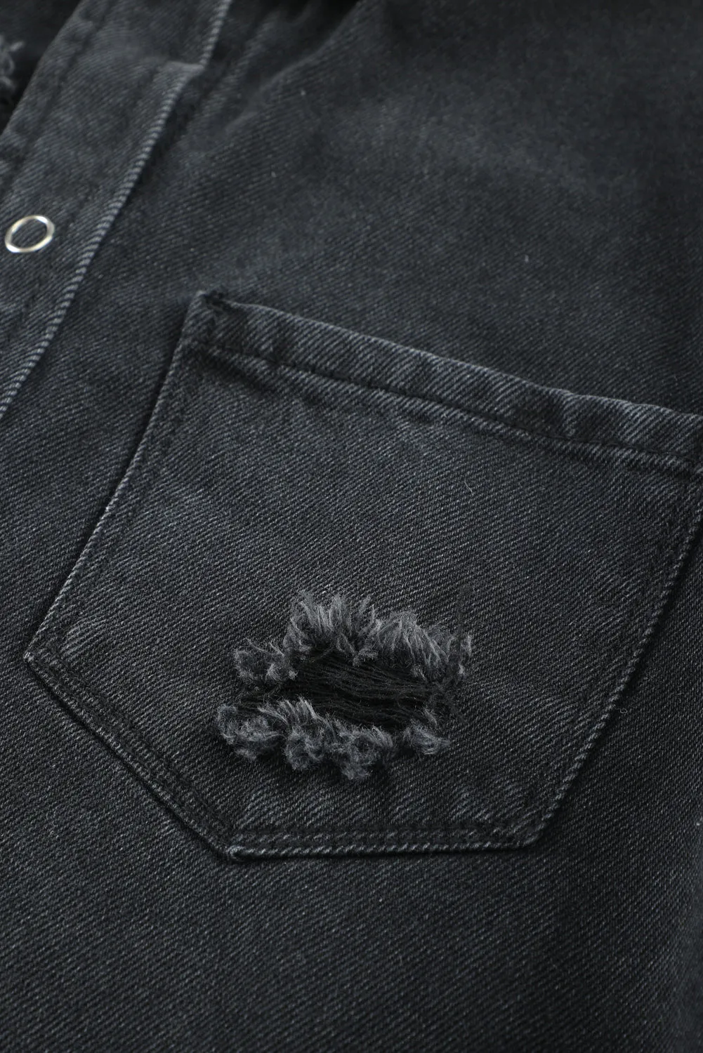 Long Sleeve Button-Down Black Ripped Denim Jean Jacket