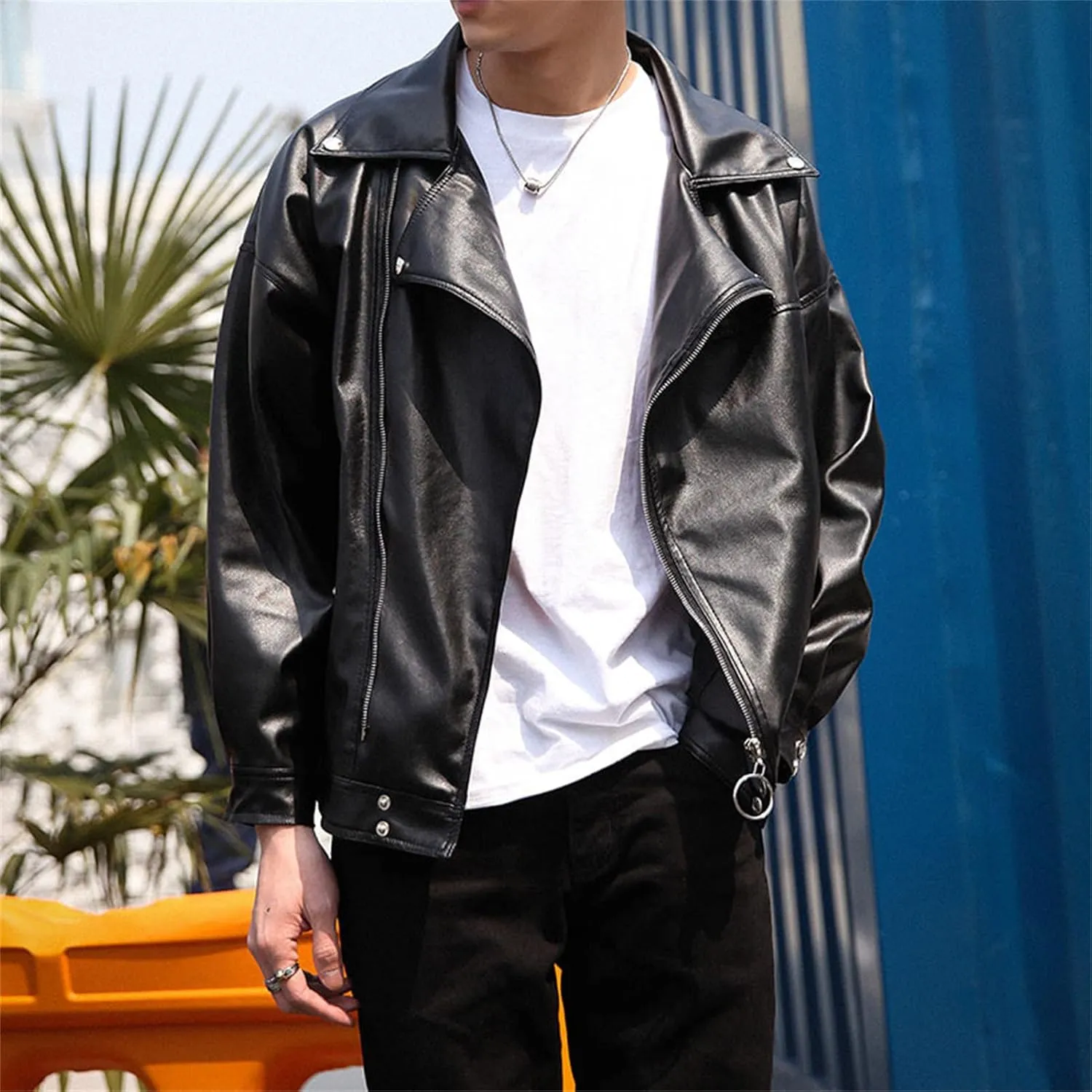 Maiyifu-GJ Mens Faux Leather Biker Jacket Vintage Asymmetric Zip Motorcycle Jackets PU Lightweight Punk Belted Slim Coat