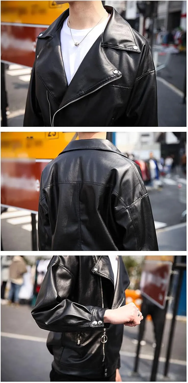 Maiyifu-GJ Mens Faux Leather Biker Jacket Vintage Asymmetric Zip Motorcycle Jackets PU Lightweight Punk Belted Slim Coat