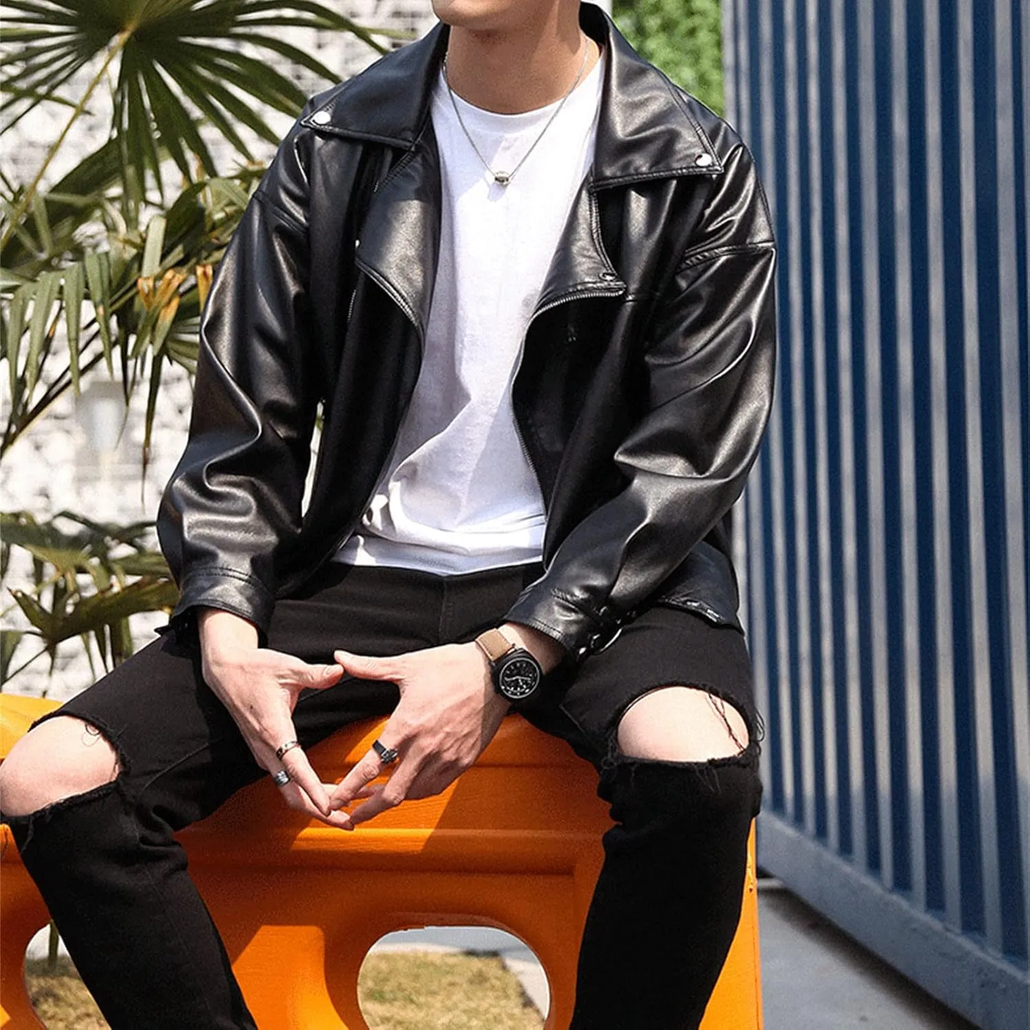 Maiyifu-GJ Mens Faux Leather Biker Jacket Vintage Asymmetric Zip Motorcycle Jackets PU Lightweight Punk Belted Slim Coat