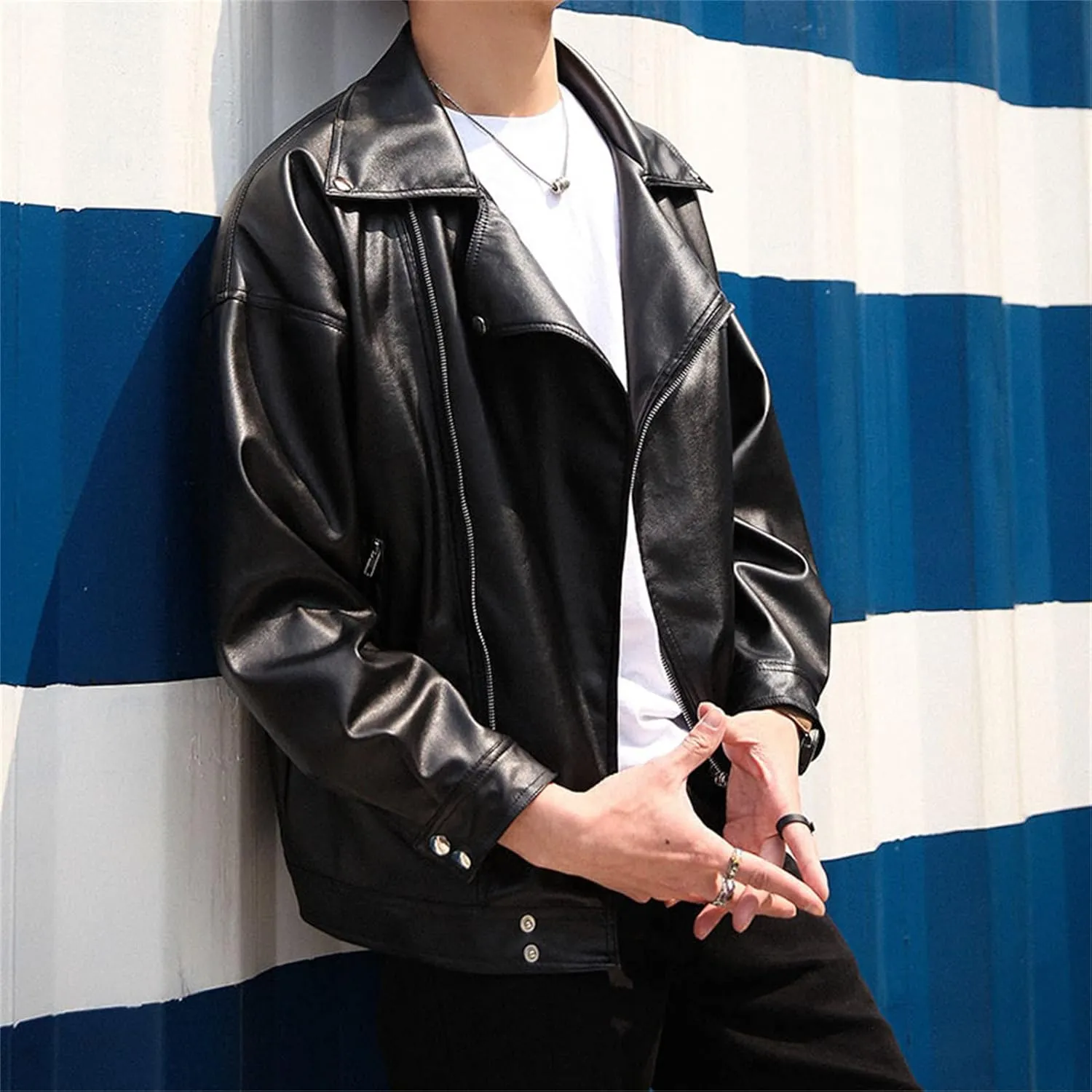 Maiyifu-GJ Mens Faux Leather Biker Jacket Vintage Asymmetric Zip Motorcycle Jackets PU Lightweight Punk Belted Slim Coat