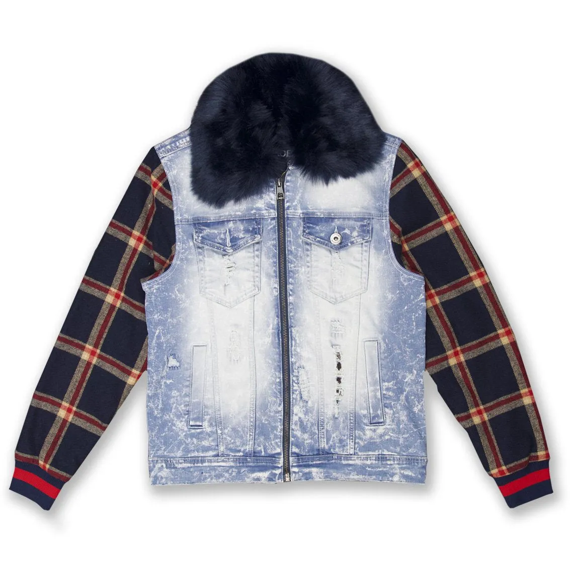 Makobi-Denim And Plaid Biker Jacket-LT.Wash