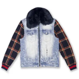 Makobi-Denim And Plaid Biker Jacket-LT.Wash