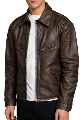 Mens Tom Cruise Mission Reckoning 8 Leather Jacket - Shirt Collar Distressed Brown Ethan Hunt Biker Jacket