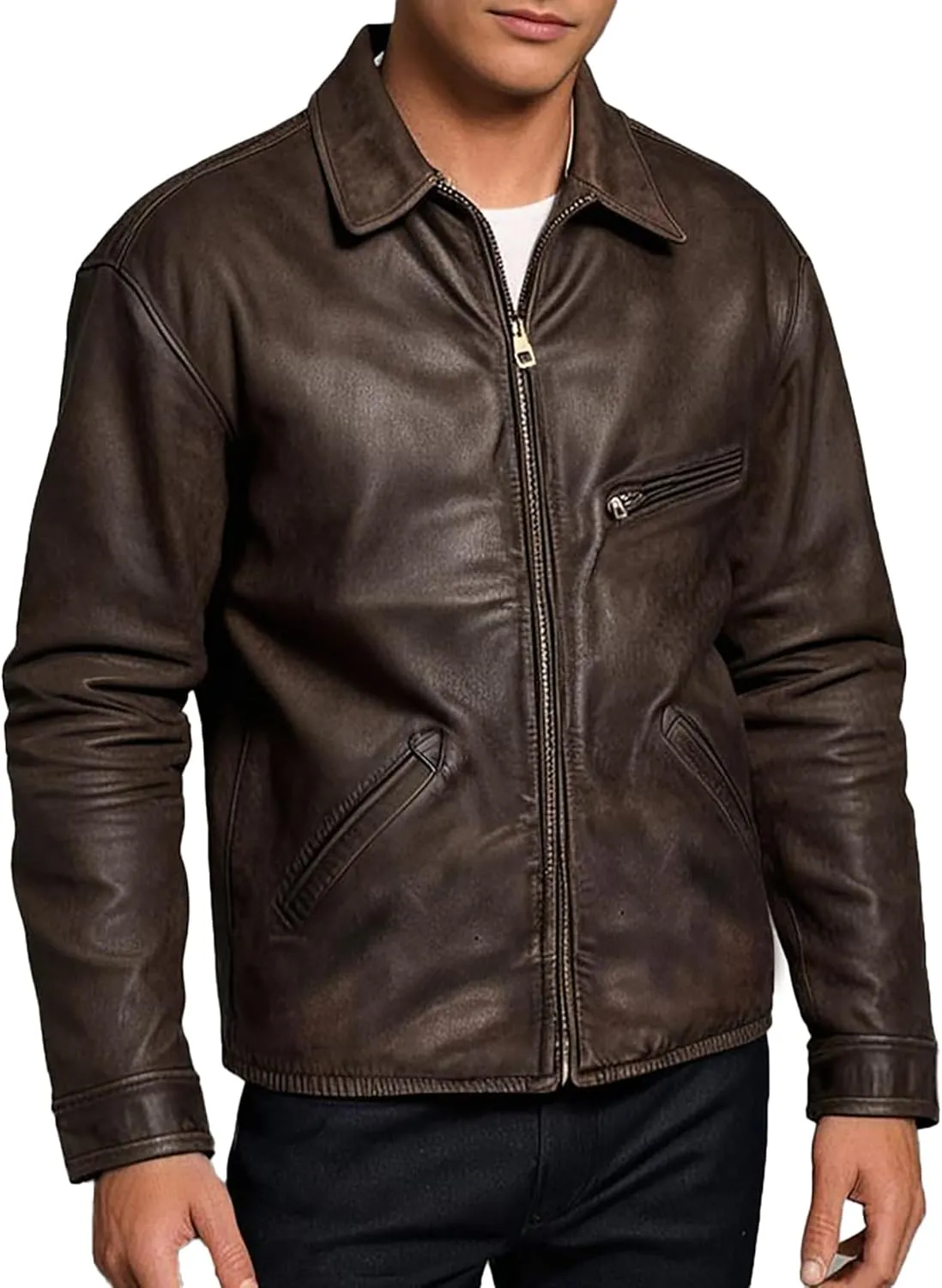 Mens Tom Cruise Mission Reckoning 8 Leather Jacket - Shirt Collar Distressed Brown Ethan Hunt Biker Jacket