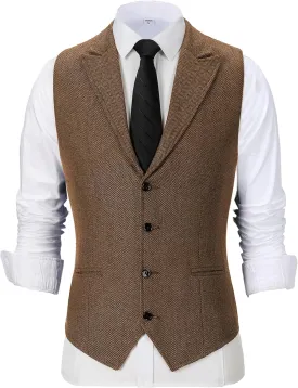 Men's Tweed Notch Lapel Suit Vintage Vest Herringbone Wool Prom Waistcoat Groomsmen XS-4XL