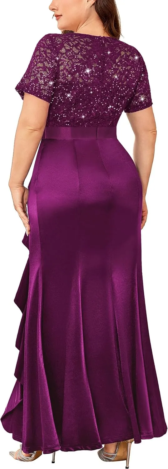Miusol Women's Plus Size Lace Contrasted Satin Ruffled Trim Mermaid Hem Sequin Maxi Evening Dress