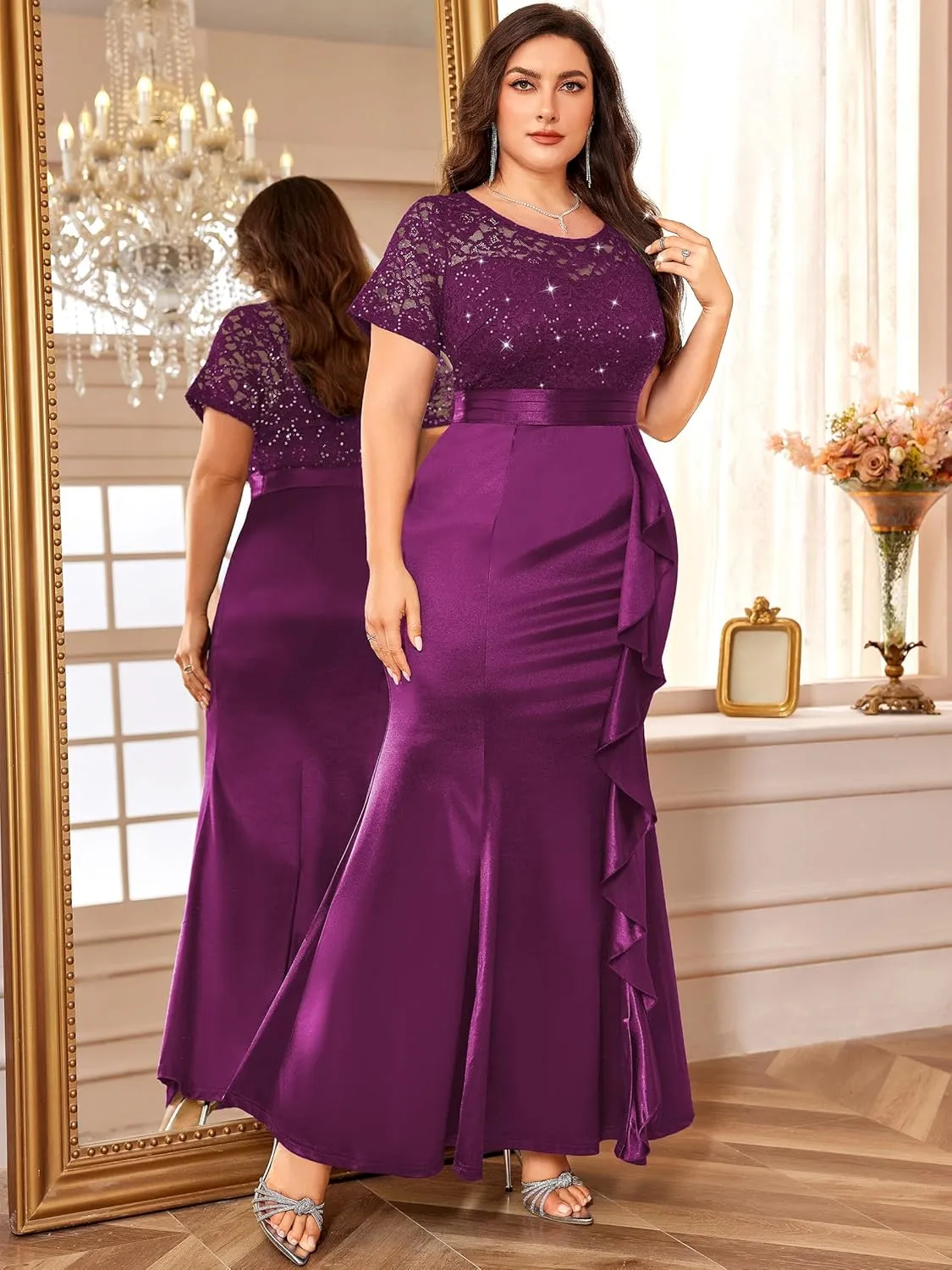 Miusol Women's Plus Size Lace Contrasted Satin Ruffled Trim Mermaid Hem Sequin Maxi Evening Dress