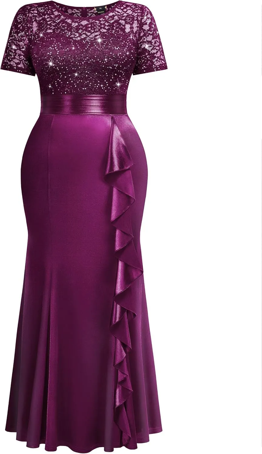 Miusol Women's Plus Size Lace Contrasted Satin Ruffled Trim Mermaid Hem Sequin Maxi Evening Dress