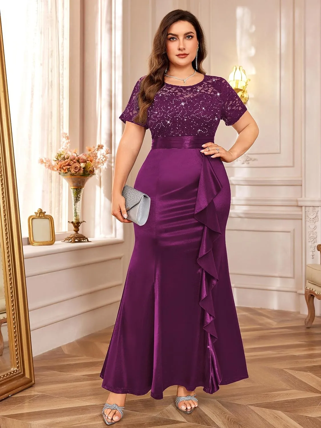 Miusol Women's Plus Size Lace Contrasted Satin Ruffled Trim Mermaid Hem Sequin Maxi Evening Dress